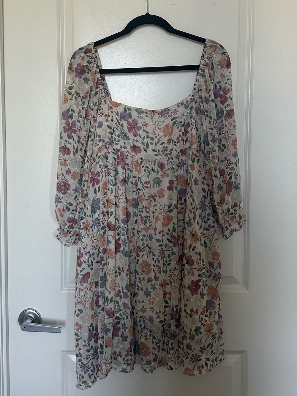 Floral Scoop Neck Mini Dress - Ivory with Pink & Peach Flowers